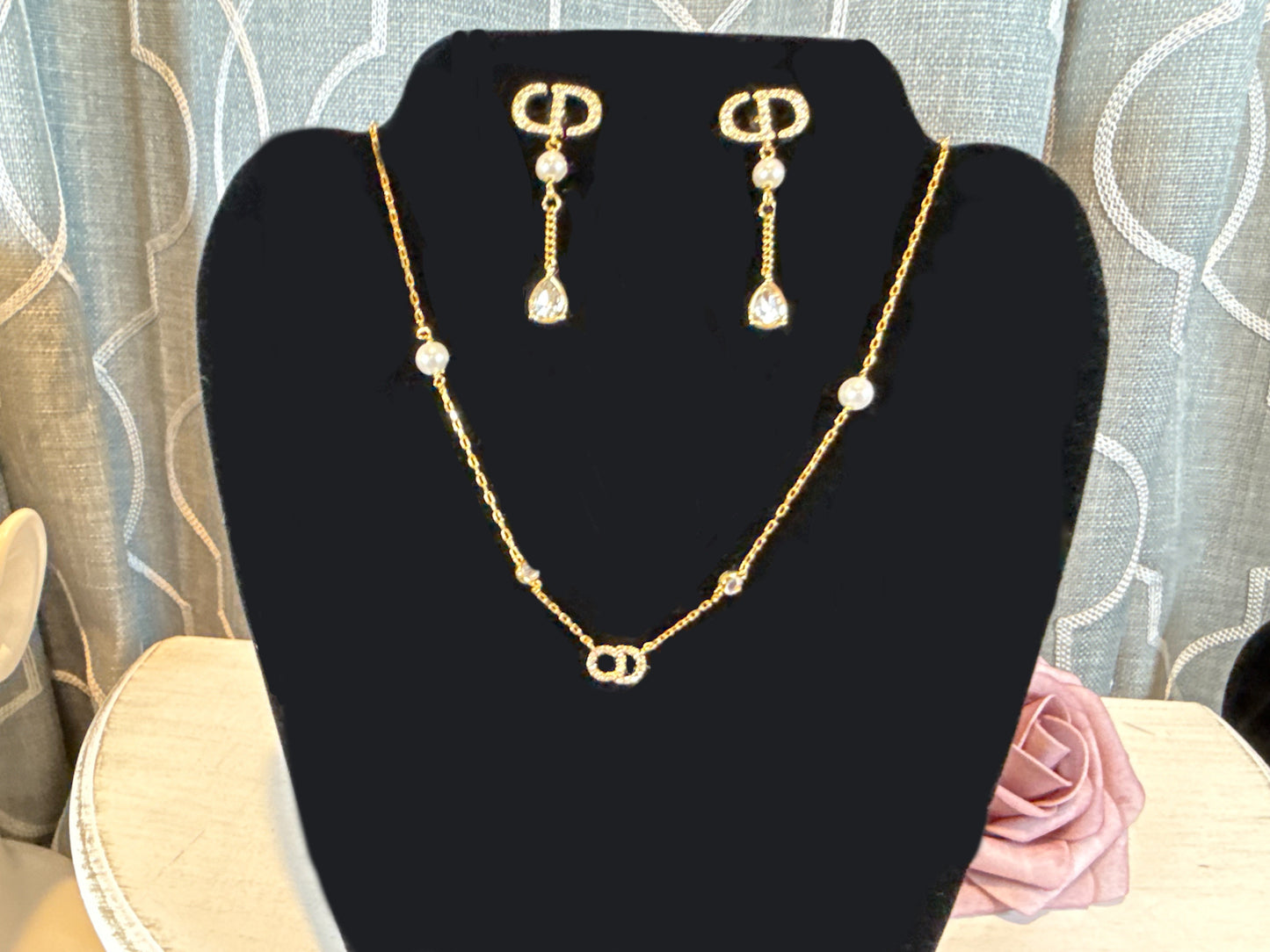 Jewelry Set- CD Gold Pearl and Crystal Necklace and Earrings