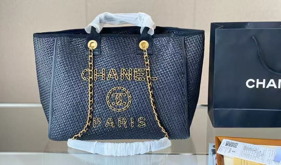 Mirror Bags- CC Black and Gold Raffia Tote