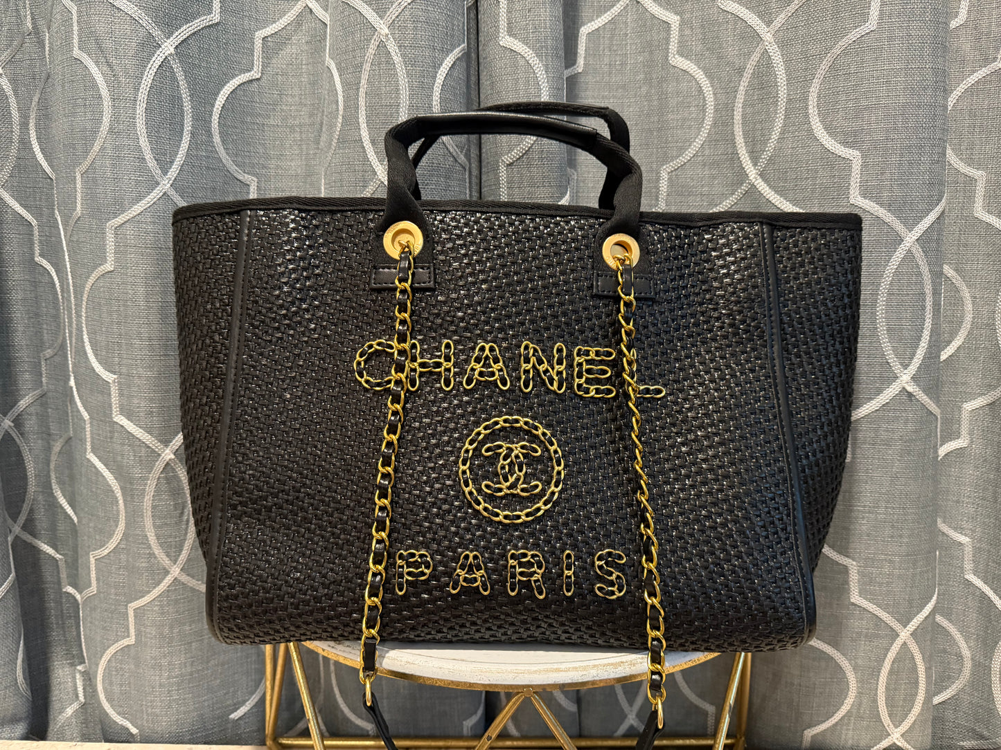 Mirror Bags- CC Black and Gold Raffia Tote