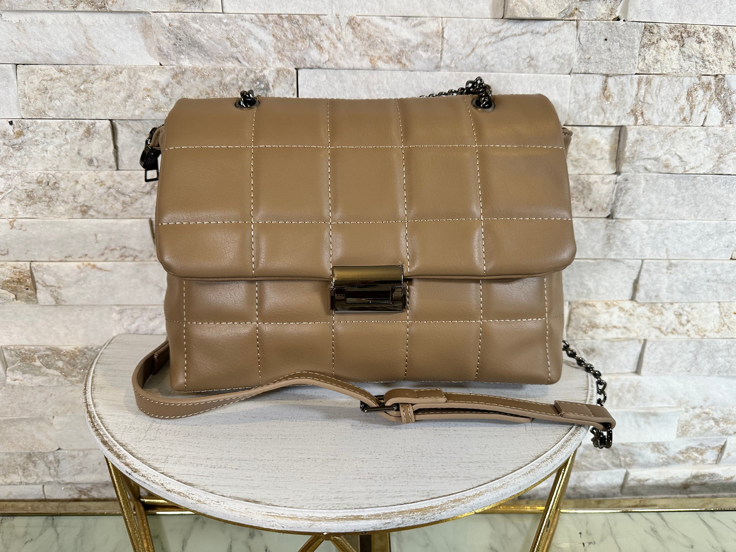 Soft Leather Quilt Tote With Chain Strap