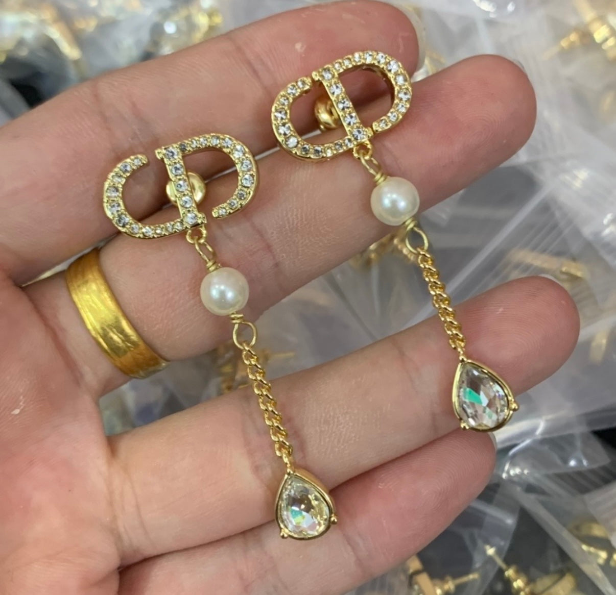 Jewelry Set- CD Gold Pearl and Crystal Necklace and Earrings