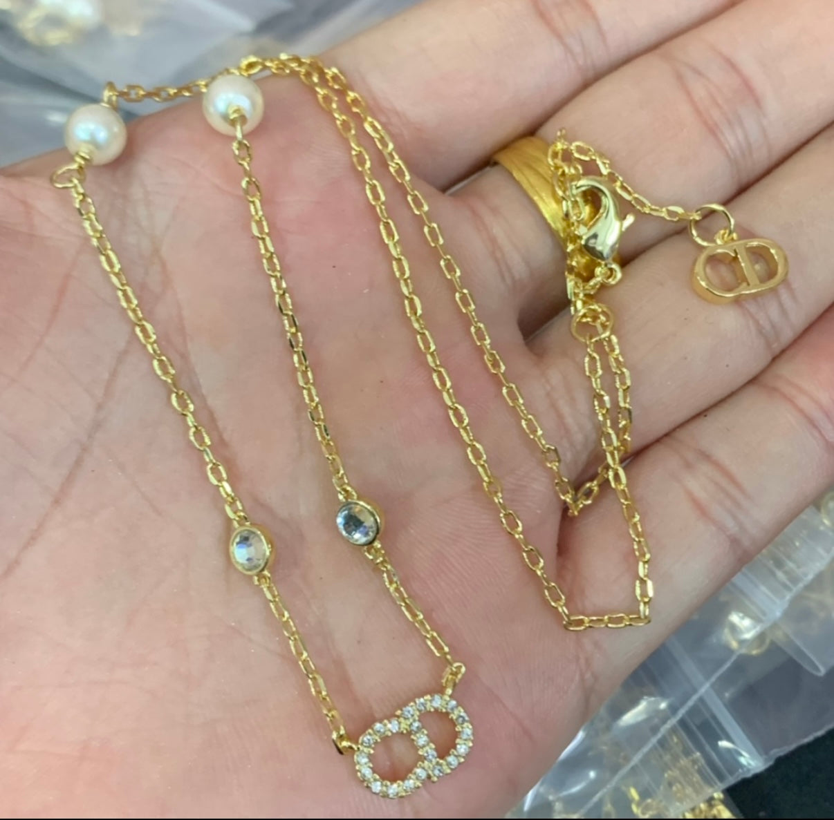 Jewelry Set- CD Gold Pearl and Crystal Necklace and Earrings