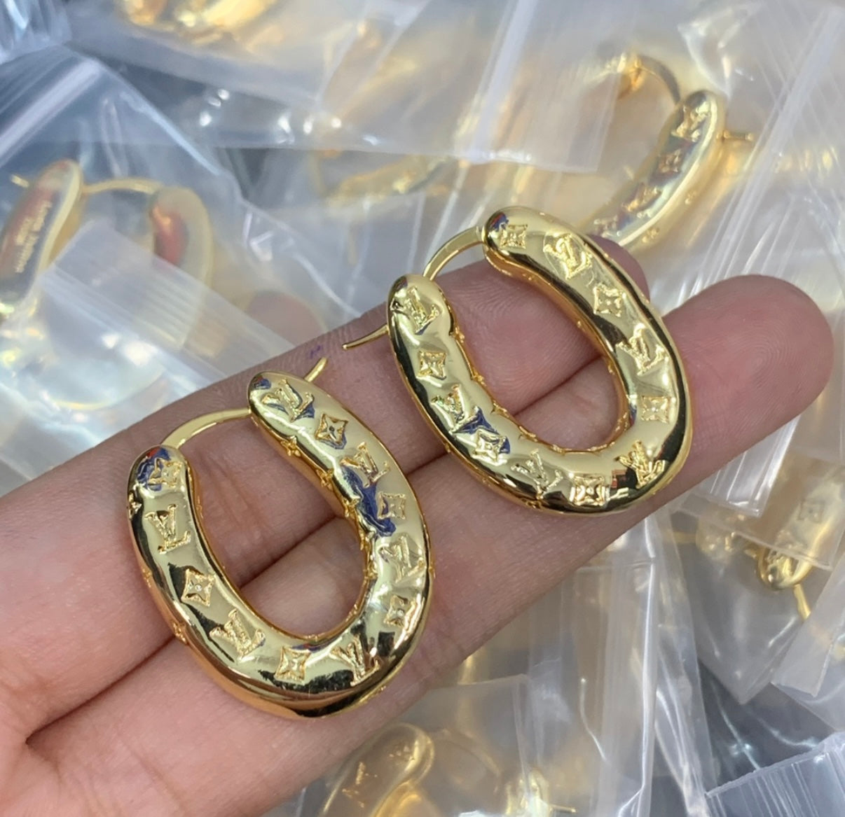 Luxury Earrings- Lulu Gold Monogram Hoops