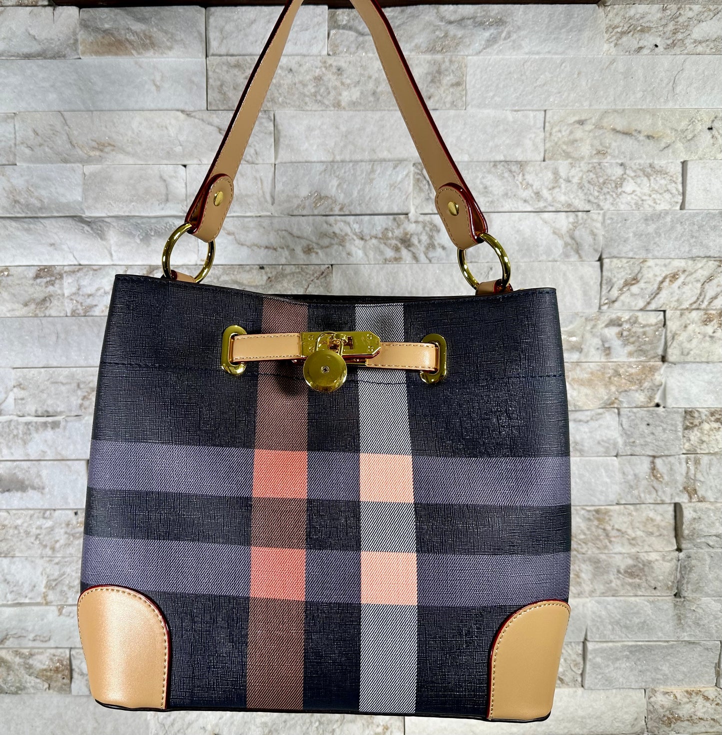 59 BB Blue Plaid Bucket Bag