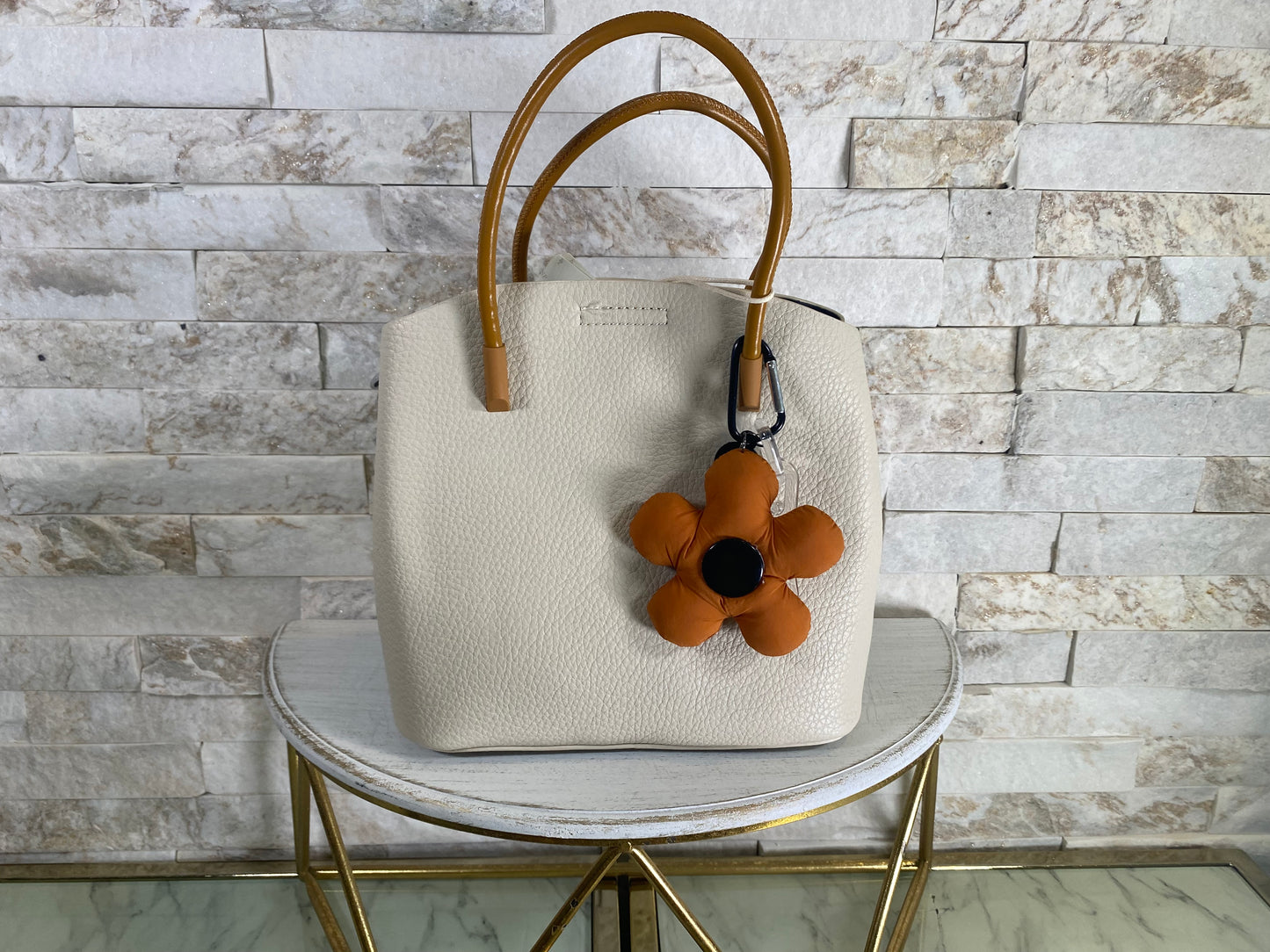 Beige and Tan Handle Bucket Tote Bag