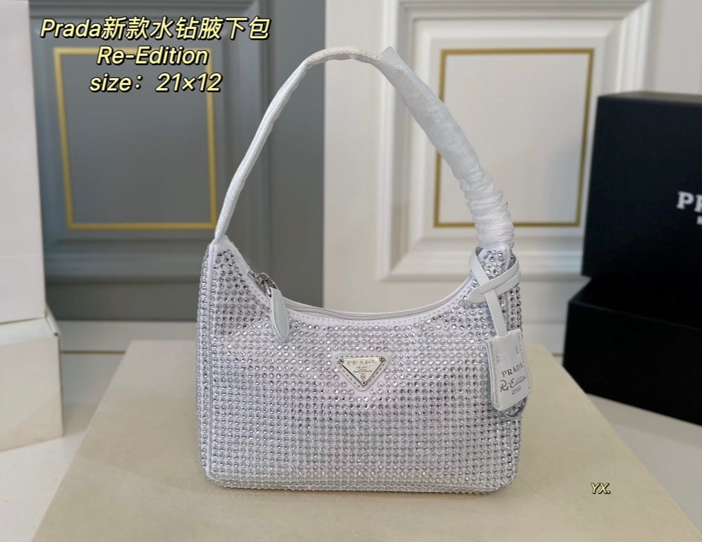 Mirror Bags- Pra White Satin Mini Bag With Crystals