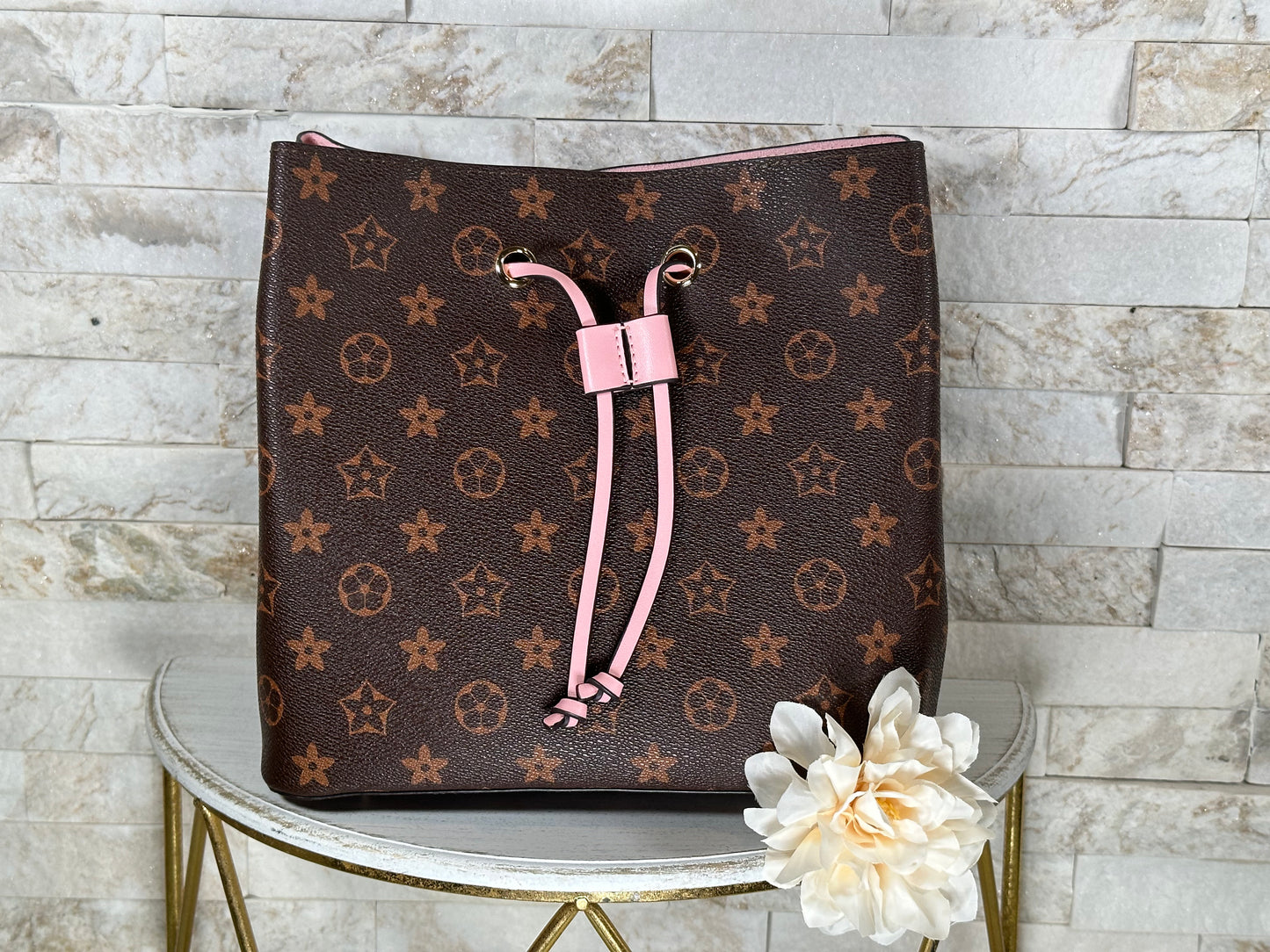 Brown and Pink Inspried Lulu Bucket Bag