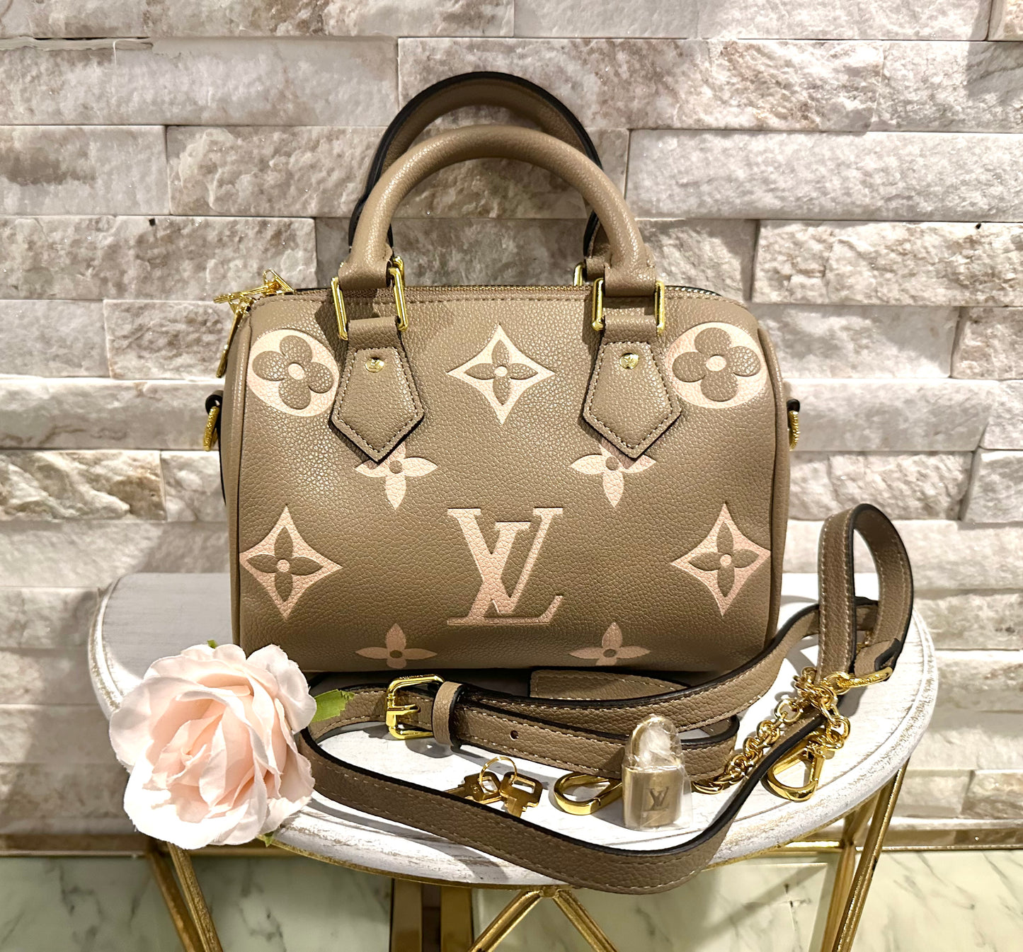 Grey and Beige Embossed Monogram Lulu Speedy