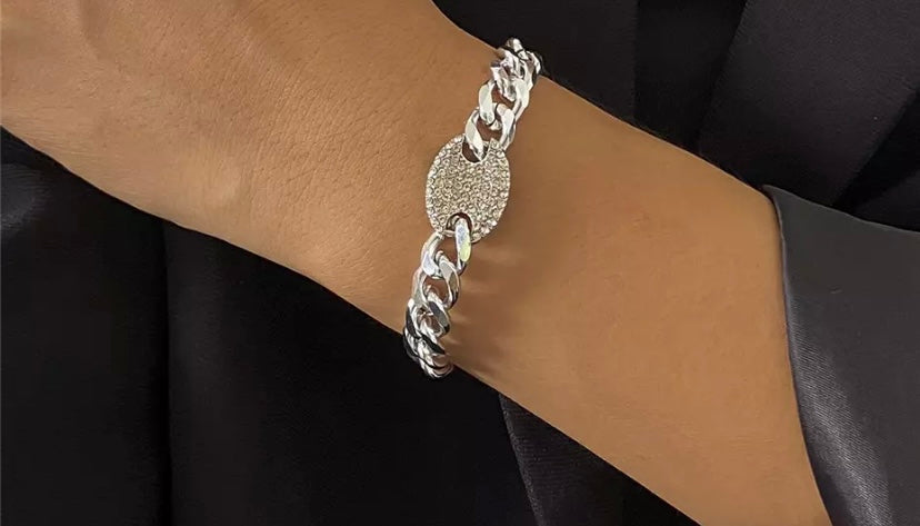 Chain Link Armbånd med Rhinestone Pendant Sølv