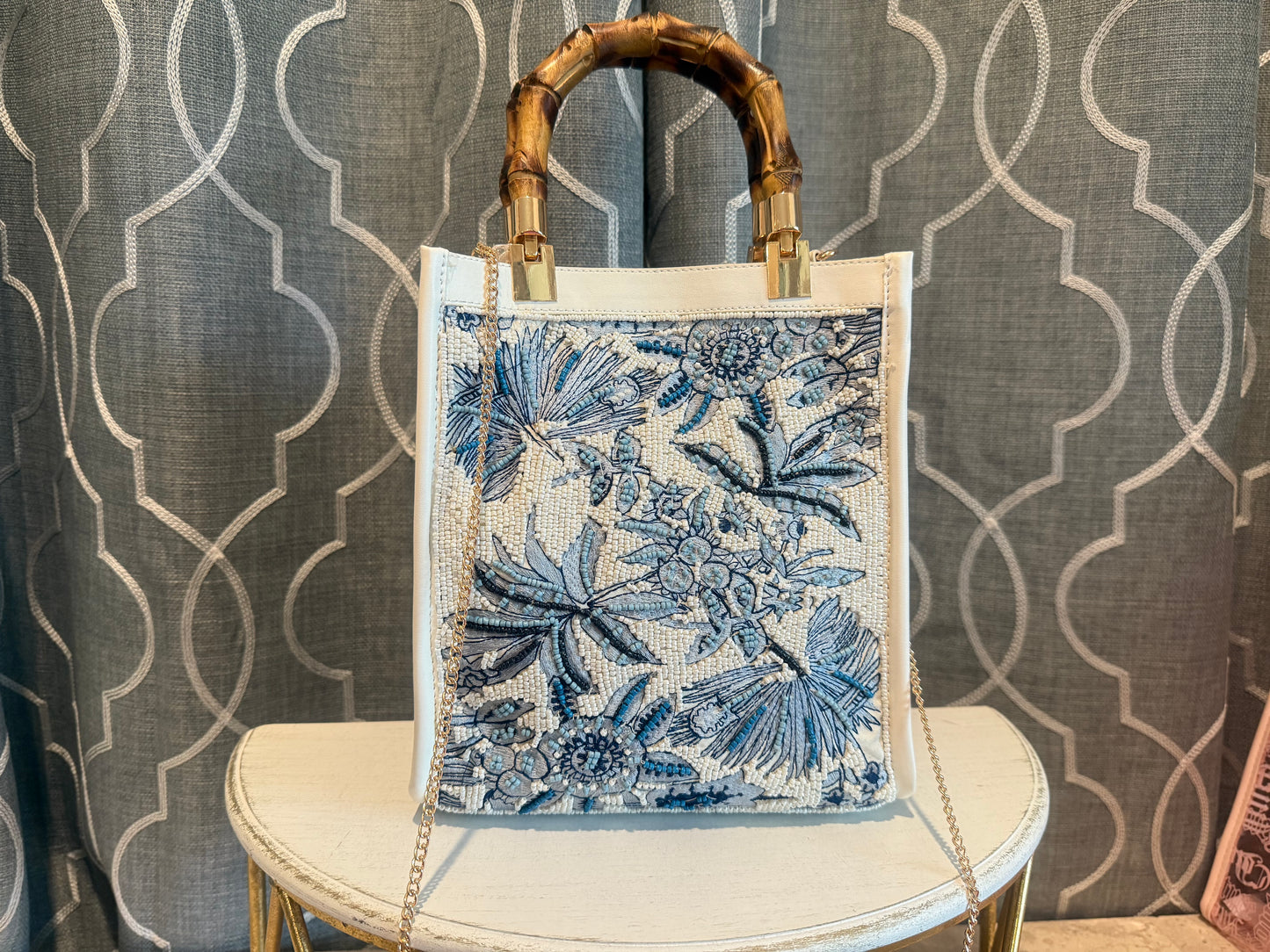 Fun Finds- Blue and White Beaded Bamboo Handle