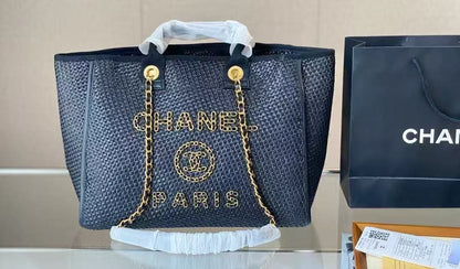 Mirror Bags- CC Black and Gold Raffia Tote