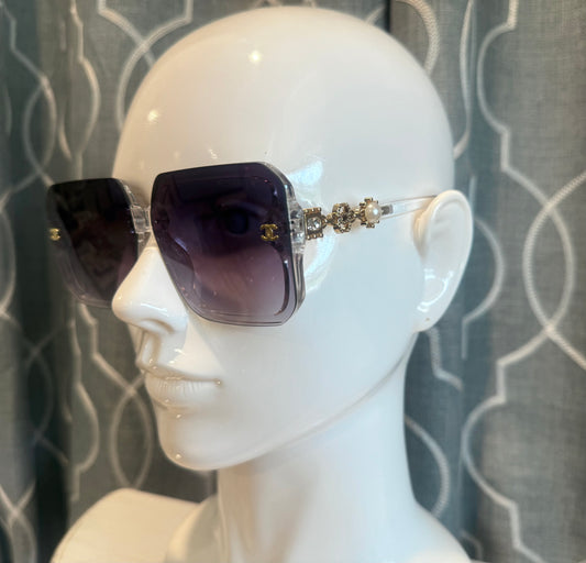 Luxury Sunglasses - CC Clear, Black Lens, Pearl and Jeweled