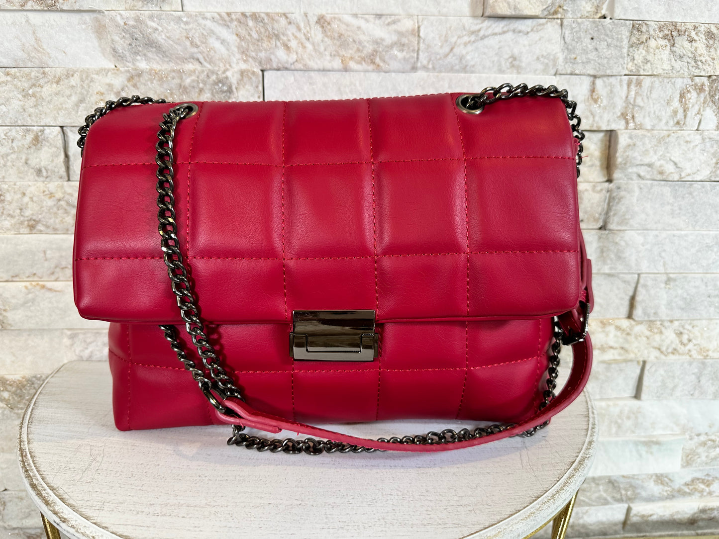 Soft Leather Quilt Tote With Chain Strap