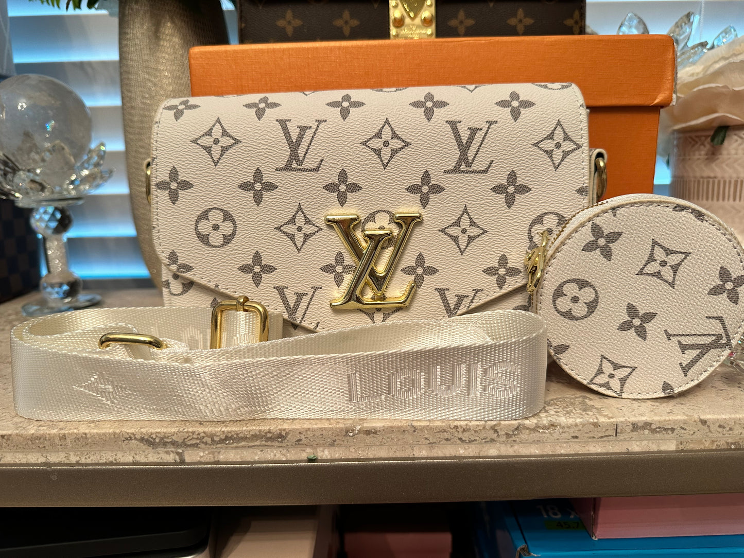 Fall New Arrivals- Mirror Bags- White and Grey Monogram Handbag- with box