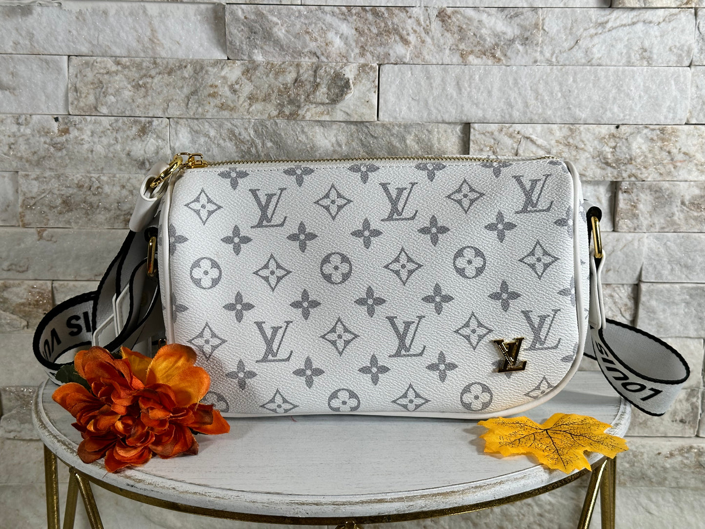 Fall Arrivals- Mirror Bag- White and Grey White Monogram Top Zip Crossbody Bag