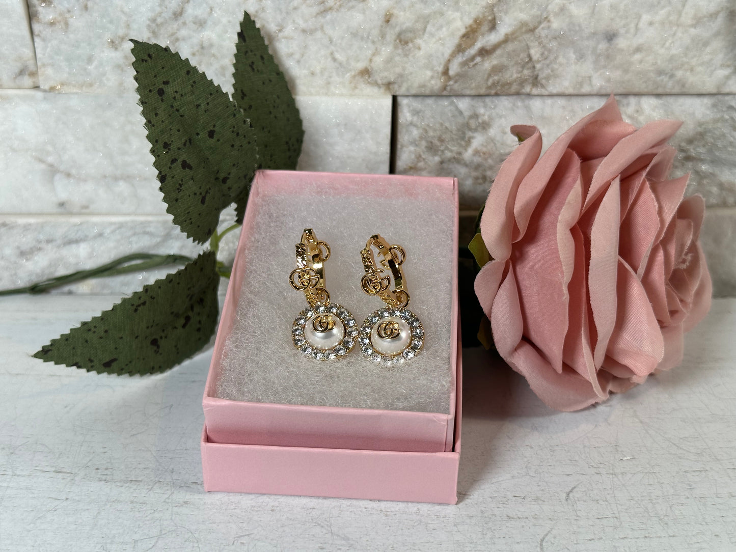 Earrings- GG Pearl and Rhinestone Dangle