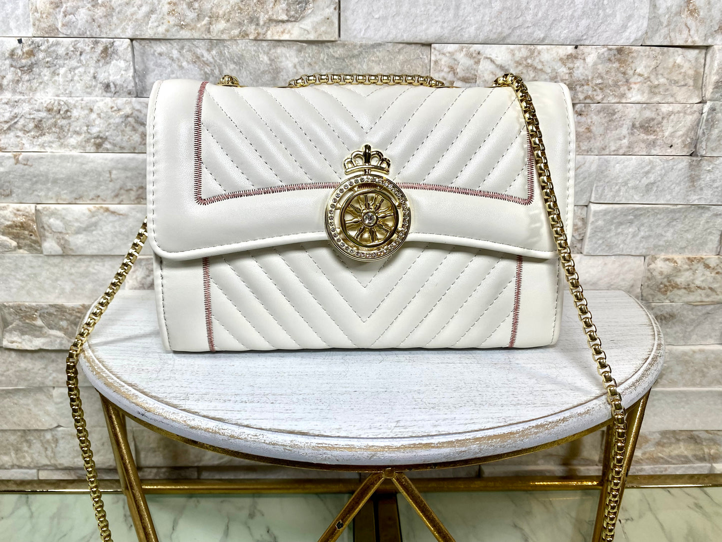 Chevon White Leather and Red Stitch Shoulder Bag