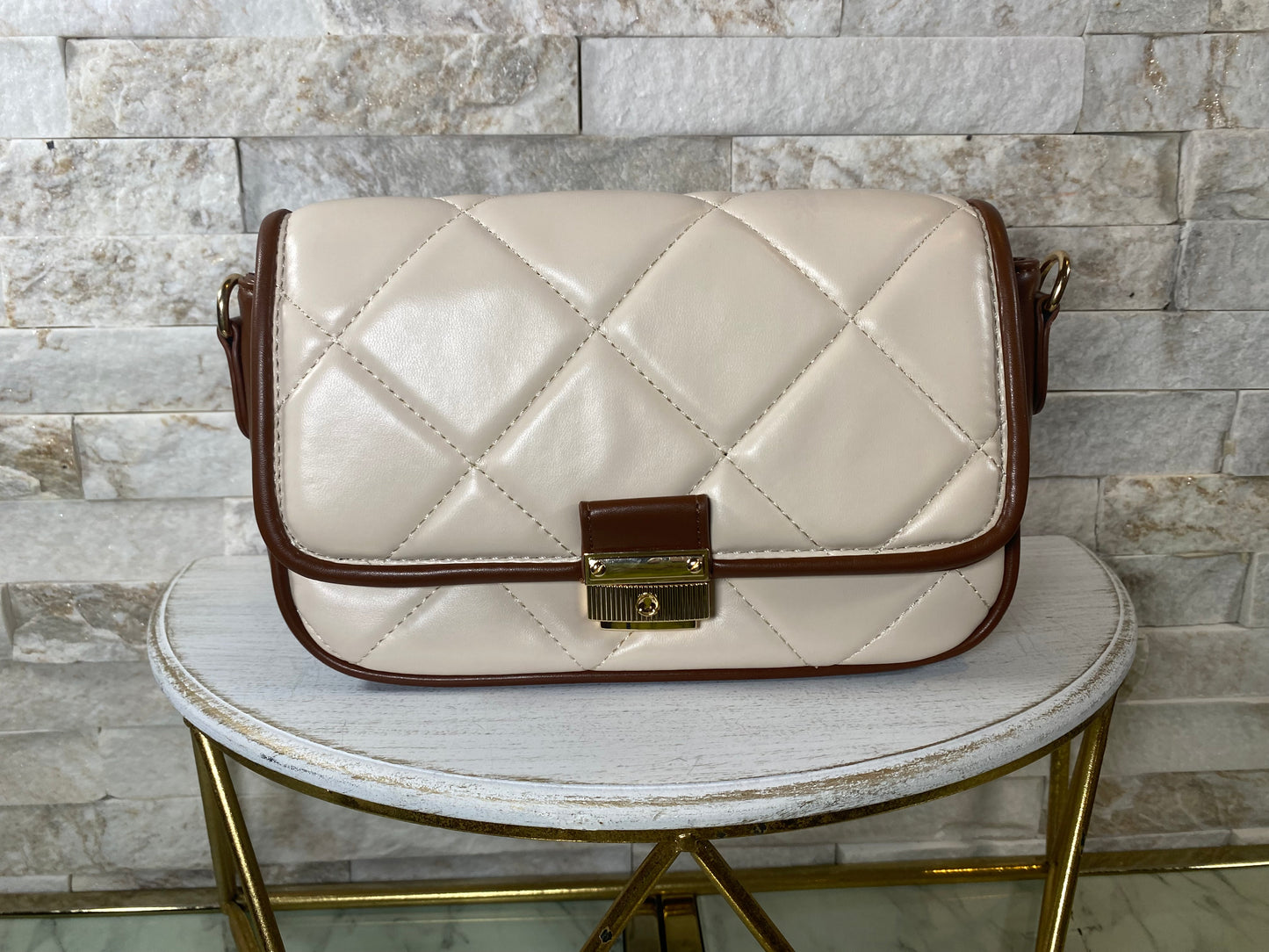 Quilted Cream and Brown Shoulder Bag