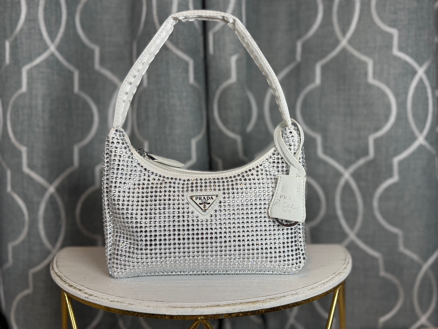 Mirror Bags- Pra White Satin Mini Bag With Crystals
