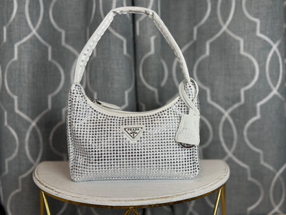 Mirror Bags- Pra White Satin Mini Bag With Crystals