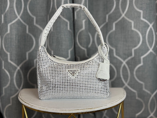 Mirror Bags- Pra White Satin Mini Bag With Crystals