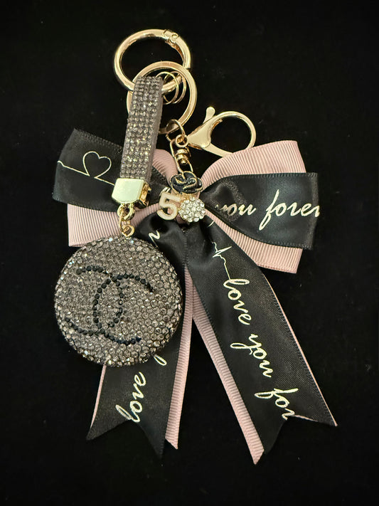 Bag Charms- Inspired Designs- CC Pink and Black Bow