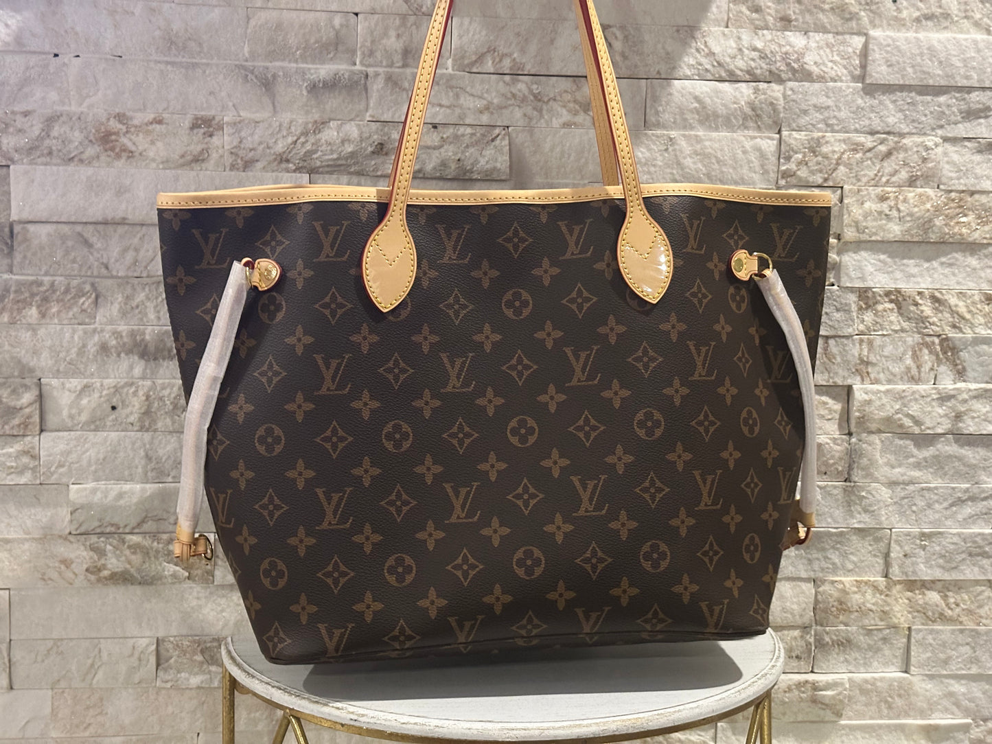 Mirror Bags- Real Leather Lulu Brown Monogram Neverful- Pink Interior