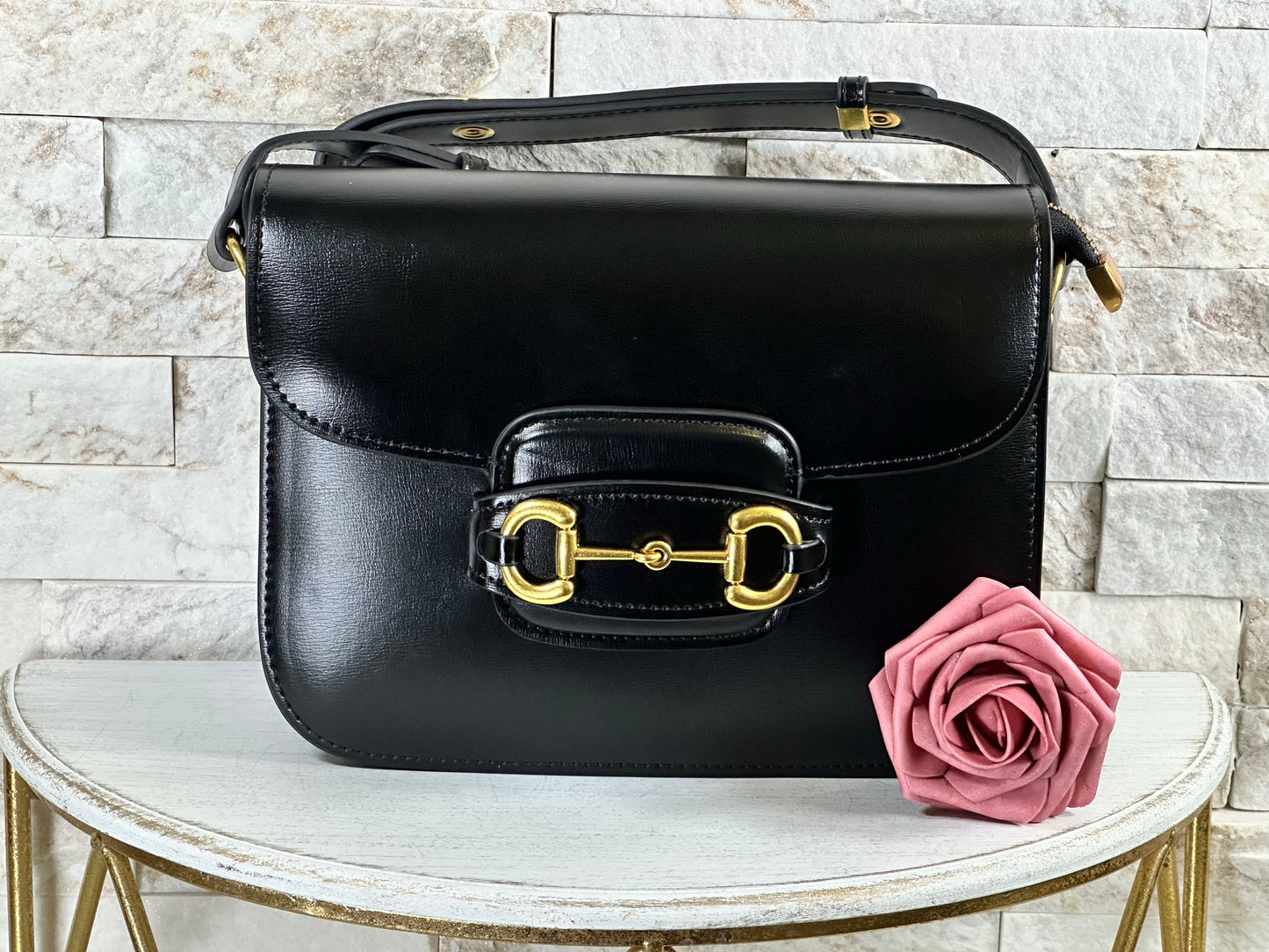 GG Inspired Black Leather Horsebit Bag
